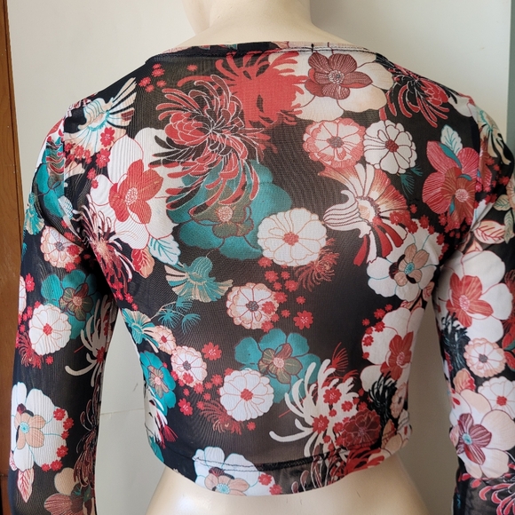 Floral Print Sheer Mesh Long Sleeved Crop Top Small Y2K Tattoo - Picture 6 of 11
